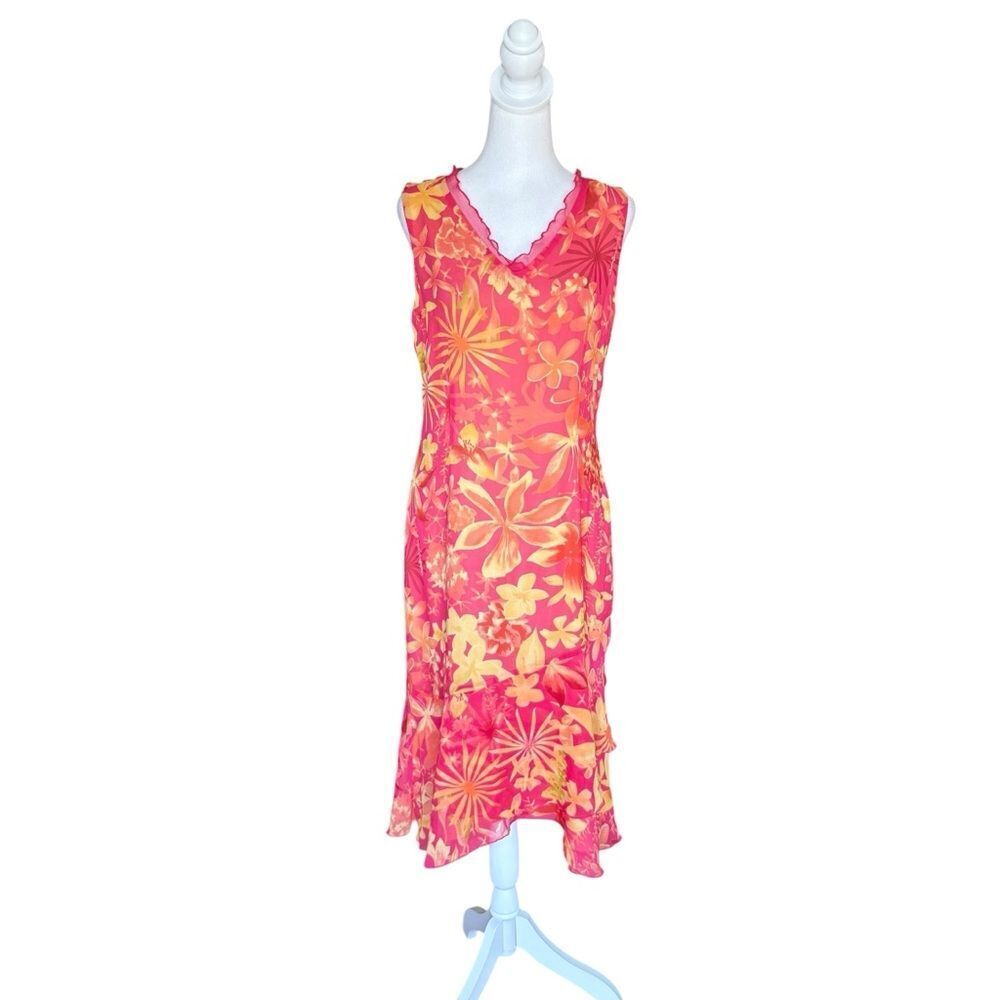 Susan Bristol Floral Sleeveless Silk Midi Dress Lined Asymmetrical Hem Womens 6